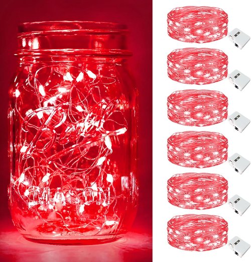 Btfarm 6 Pack Fairy Lights - Battery Operated 20 LED Twinkle String Lights | Waterproof Mini Silver Wire for Christmas & Weddings, Red