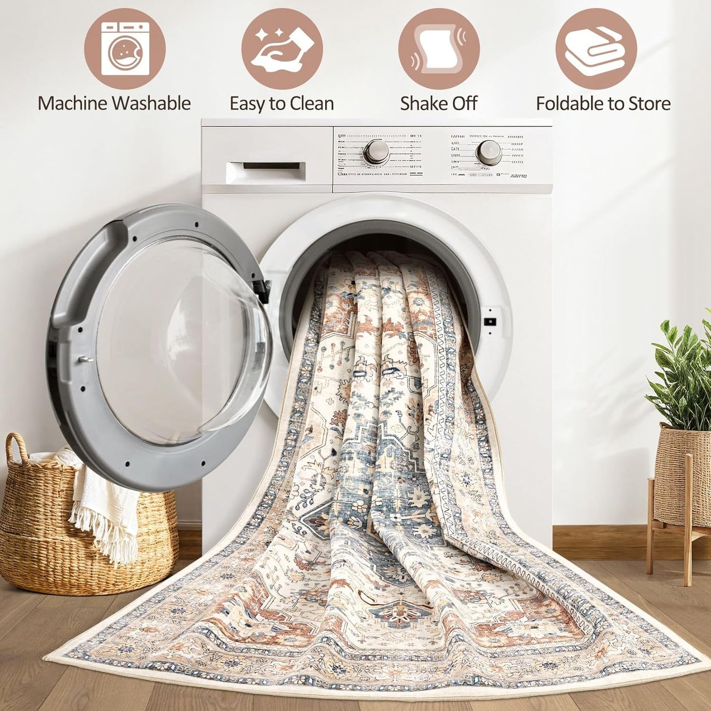 Skiennix 9x12 Area Rug - Washable Boho Vintage Design | Soft, Stain-Resistant Indoor Carpet in Beige & Blue