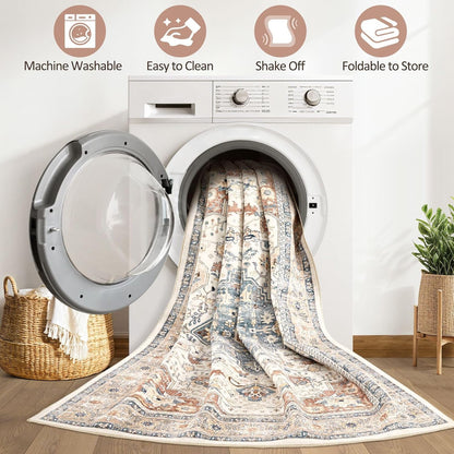 Skiennix 9x12 Area Rug - Washable Boho Vintage Design | Soft, Stain-Resistant Indoor Carpet in Beige & Blue