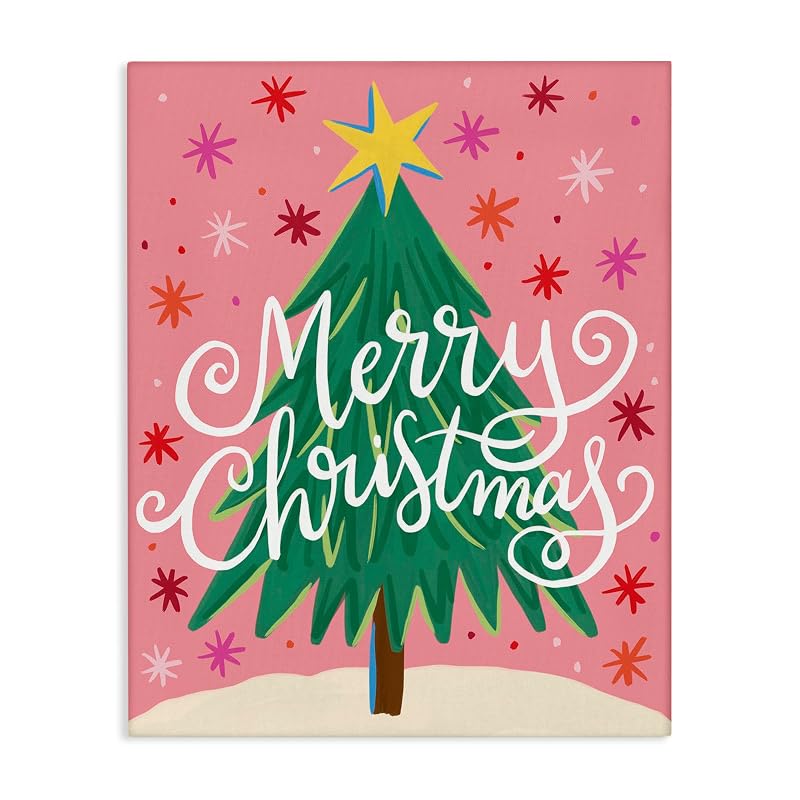 Unframed+Wrapped Canvas 40x30 Holiday Wall Art - Merry Christmas Pink Starry Pattern
