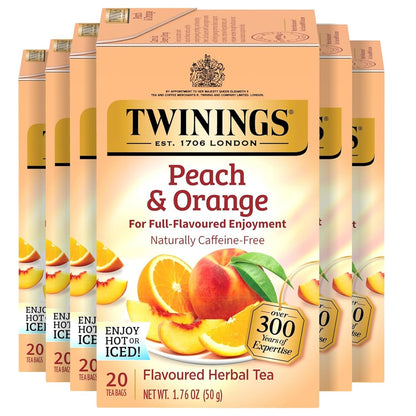 Twinings Peach & Orange Herbal Tea - Juicy & Fruity, Caffeine-Free, 20 Individually Wrapped Bags (Pack of 6)