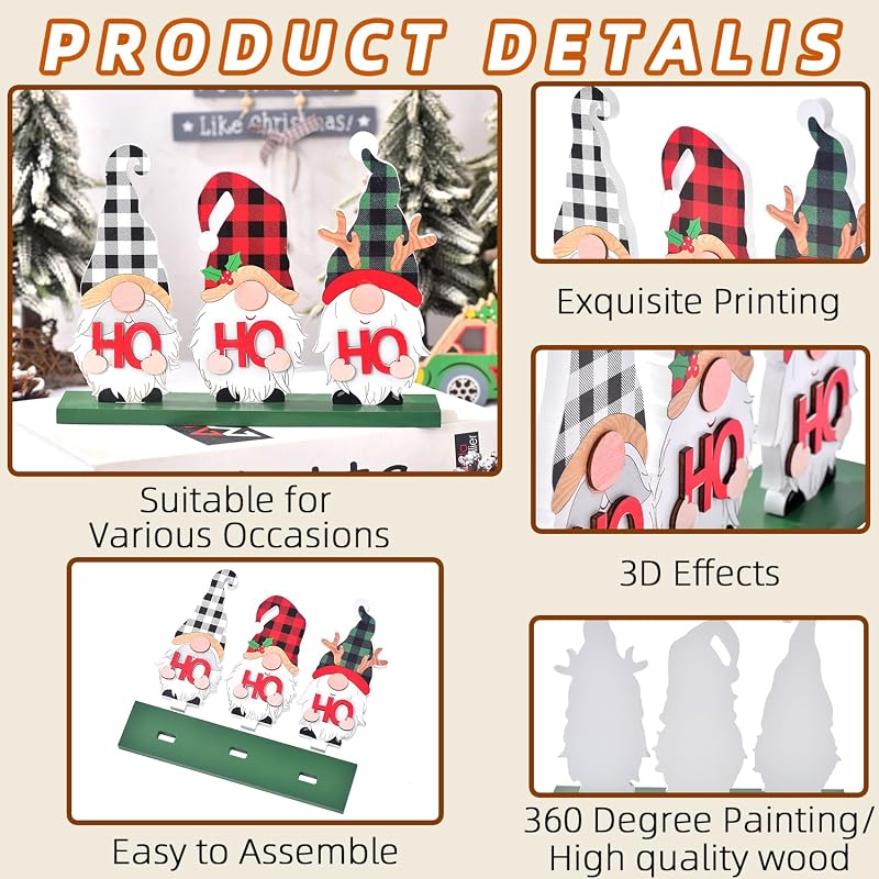 HoHoHo Rustic Wood Gnome Christmas Sign - Tabletop Holiday Decor (Variation: HOHOHO)