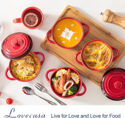 LOVECASA Mini Cocotte Set - 12 OZ Casserole Dishes with Lids | Oven & Microwave Safe, Set of 4 - Red