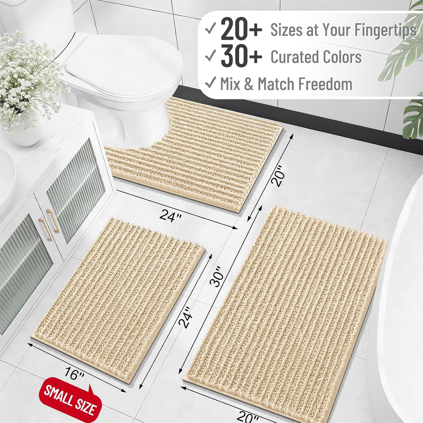 OLANLY Bath Rug Mat - Thick Soft Chenille, Non-Slip Rubber Backing | 40x32 Inches, Beige, Machine Washable