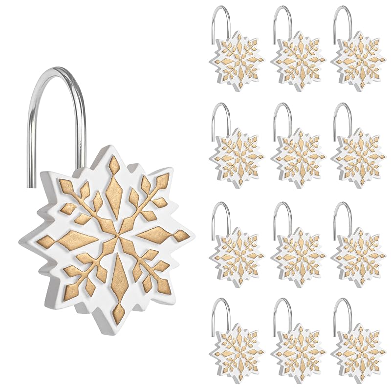 Sunlit Christmas Shower Curtain Hooks - Snowflake Resin 12 Pack, Gold/White