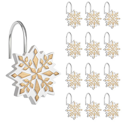 Sunlit Christmas Shower Curtain Hooks - Snowflake Resin 12 Pack, Gold/White