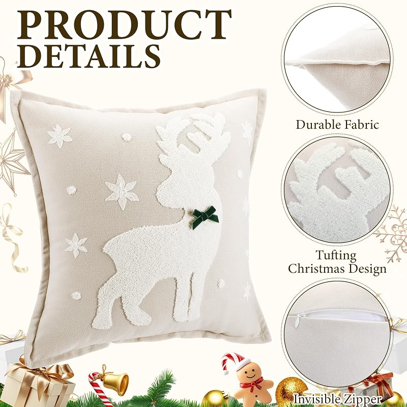 Christmas Reindeer Throw Pillow Covers 18x18 in Plush 3D Embroidery - 2 Pcs