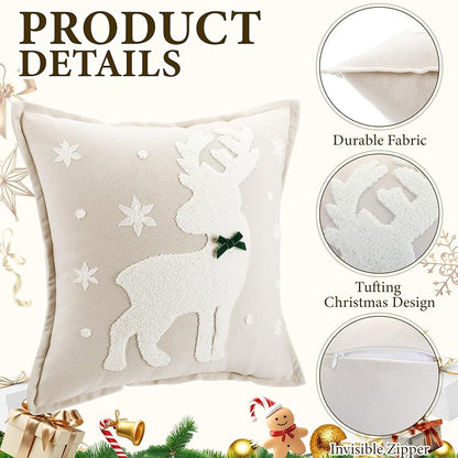 Christmas Reindeer Throw Pillow Covers 18x18 in Plush 3D Embroidery - 2 Pcs