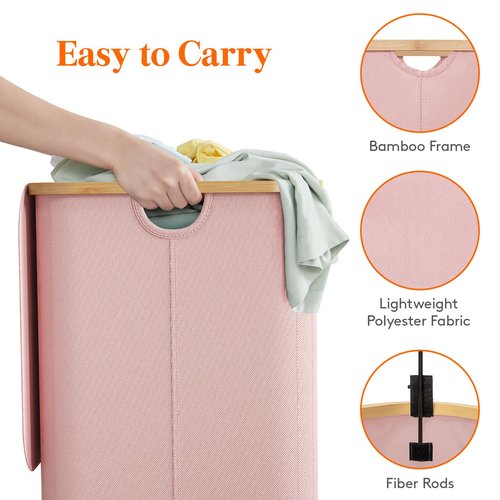 Lifewit 150L Laundry Basket with Lid, Clothes Hampers for Laundry with Bamboo Handles and 2 Removable Bag, Large Foldable Laundry Hamper for Bedroom, Bathroom, Dorm, Laundry Room, Pink