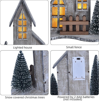 Skiennix Wooden Christmas Village House - LED Lighted Tabletop Decor with Tree | Winter Holiday Centerpiece (Style A)