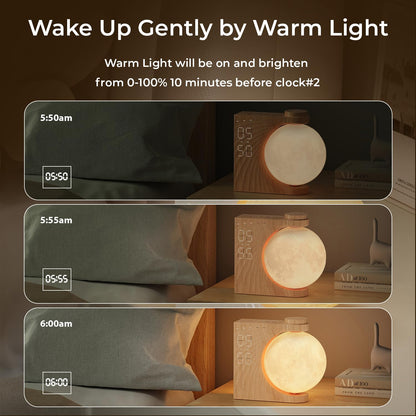 Sunrise Alarm Clock for Heavy Sleepers, Moon Lamp with Moon Light & 10 Light Effects, Cute Alarm Clock with10 White Noise Sounds & Dual Alarms for Bedrooms & Home Office Decor (Walnut Wood Grain)