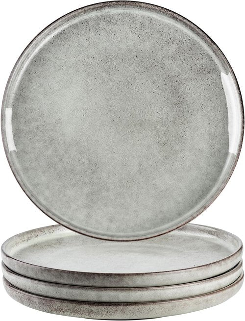 Henten Home 10-Inch Ceramic Dinner Plates - Set of 4 Fluted Round Porcelain Steak Plates | Scratch Resistant (Grey)