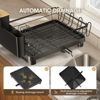 Runnatal Stainless Steel Dish Drying Rack - Large Capacity with Detachable Utensil Holder | Black