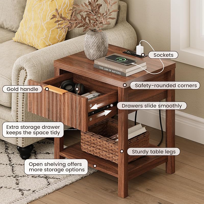 Walnut Fluted Nightstand Set 2 with Storage Drawer, 2 USB & 2 AC Outlets