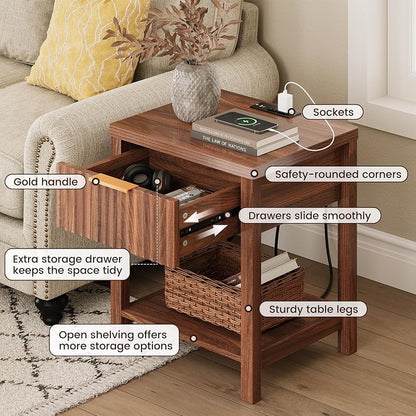 Walnut Fluted Nightstand Set 2 with Storage Drawer, 2 USB & 2 AC Outlets