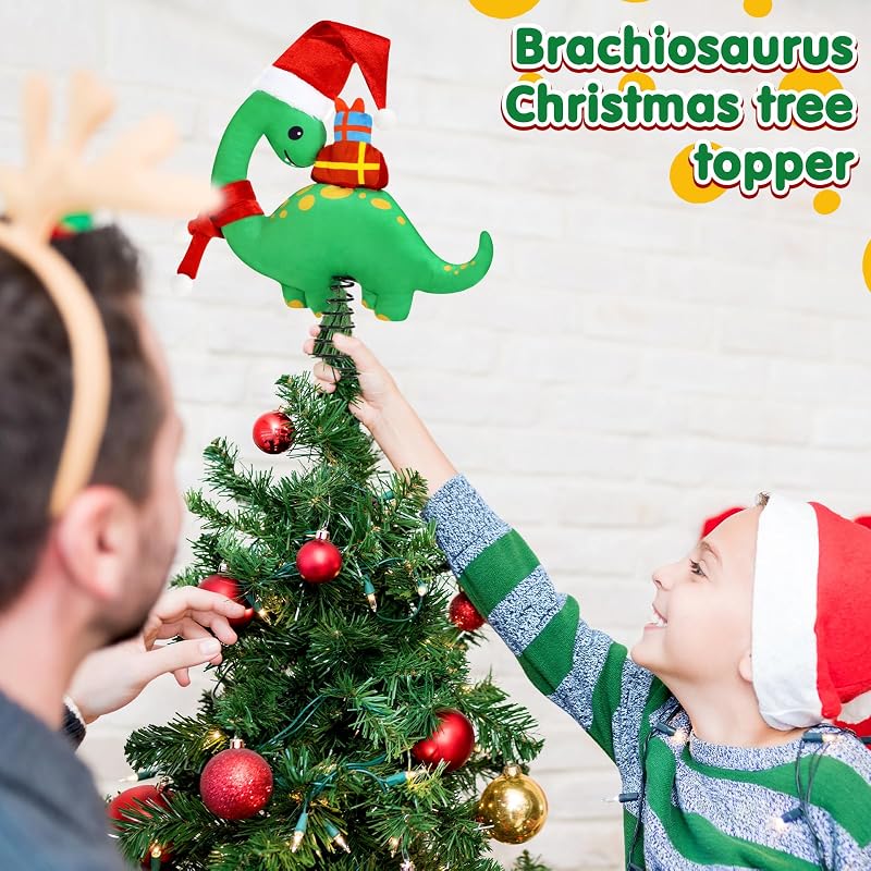 Christmas Dinosaur Tree Topper - Plush Brachiosaurus with Santa Hat
