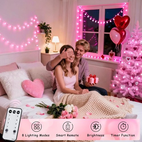 JMEXSUSS 100 LED Pink String Lights - 33 ft Connectable Globe Fairy Lights with Remote for Bedroom Decor