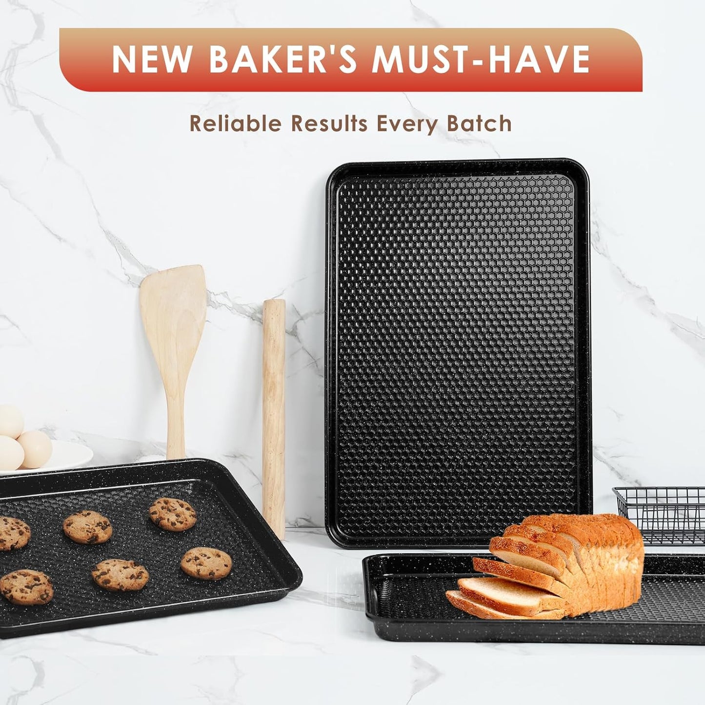 Skiennix Baking Sheet Pan Set - Nonstick Carbon Steel Cookie Sheets | Heavy Duty, Easy Clean, 3-Piece Set