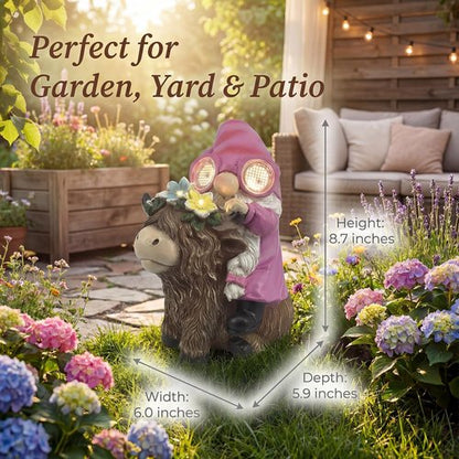 iStatue Solar Highland Cow Garden Statue - Animated LED Goggles & Moving Pixel Matrix Eyes | 8.7" Pink Resin Gnome Figurine for Mom
