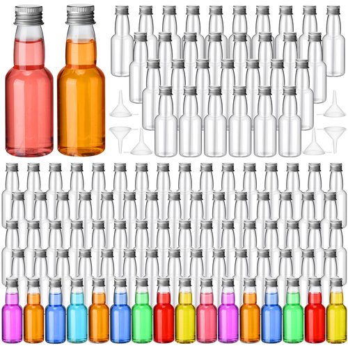 120 Pcs Mini Liquor Bottles Airtight Shot Miniature Empty Plastic Alcohol Spirit Shot Bottles with Funnels for Party Favors, Weddings(3.3 oz,Silver)