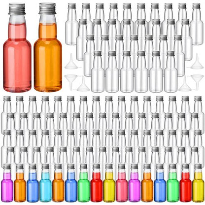 120 Pcs Mini Liquor Bottles Airtight Shot Miniature Empty Plastic Alcohol Spirit Shot Bottles with Funnels for Party Favors, Weddings(3.3 oz,Silver)