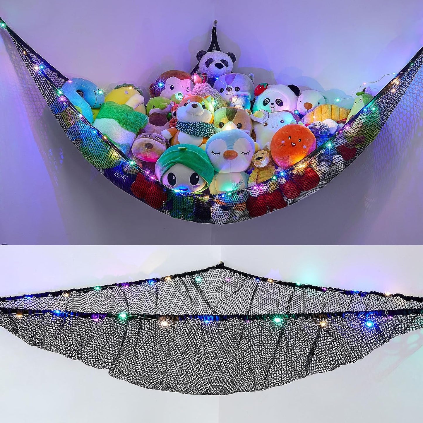 Skiennix Unicorn Castle Stuffed Animal Storage Hammock - LED Light, Large Black Organizer for Kids' Room Decor