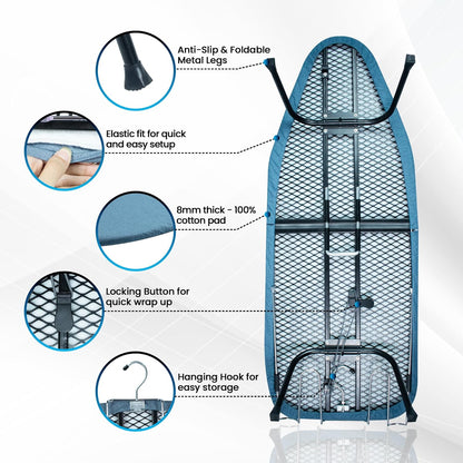 Skiennix Metal Mesh Panel Ironing Board - Foldable Heavy-Duty Design with Heat-Resistant Cover & 100% Cotton Pad (Blue)