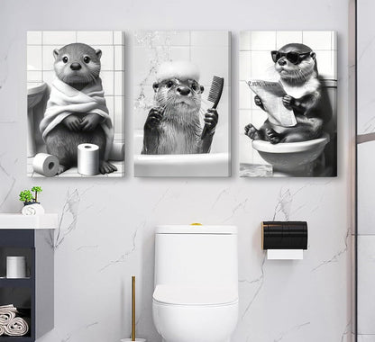 Skiennix Cute Otter Canvas Wall Art - Funny Black and White Animal Print for Bathroom Decor | 3-Piece Set