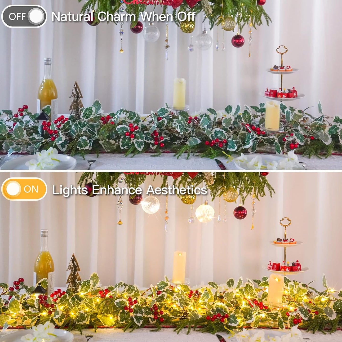 Suddus 40 LED Christmas Fairy Lights - Battery Powered 12.5ft Vine String Lights with Red Berries & Holly Leaf | Perfect for Holiday Decor