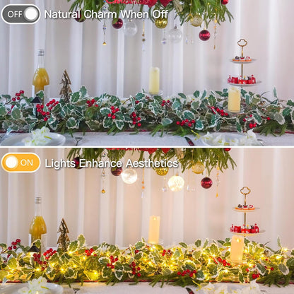 Suddus 40 LED Christmas Fairy Lights - Battery Powered 12.5ft Vine String Lights with Red Berries & Holly Leaf | Perfect for Holiday Decor