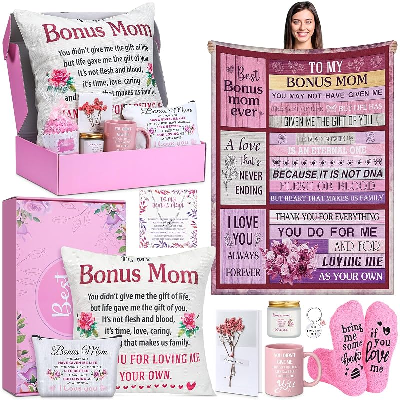 Gift Set for Stepmom - 11 Pcs Blanket, Mug, Makeup Bag, Socks, Pillowcase & More