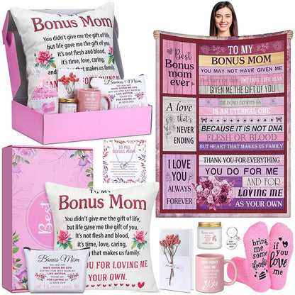 Gift Set for Stepmom - 11 Pcs Blanket, Mug, Makeup Bag, Socks, Pillowcase & More