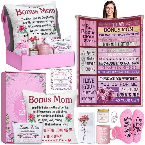 Dingion 11 Pcs Bonus Mom Gifts Set Stepmom Birthday Gifts with Makeup Bag Mug 50" x 60" Throw Blanket Socks Keychain Pillow