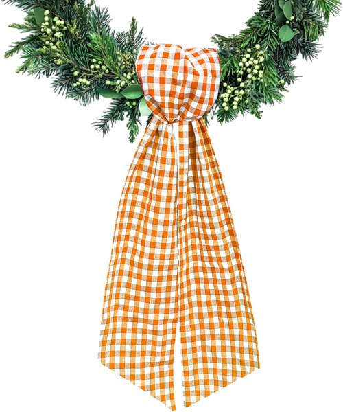 Buffalo Plaid Wreath Sash by [Brand Name] - Orange & White Satin Ribbon for Indoor/Outdoor Decor | 5.11 x 55.1 Inches