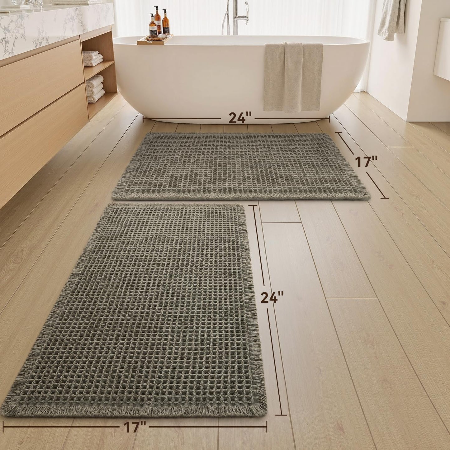 Upgraded Waffle Bath Mats Set of 2, Super Absorbent Non Slip Bath Mats for Bathroom Floor, Washable Boho Bathroom Rugs Set 2 Piece with Tassels, Soft Bathroom Mat Set, 17" x 24" (2 Pack), Green