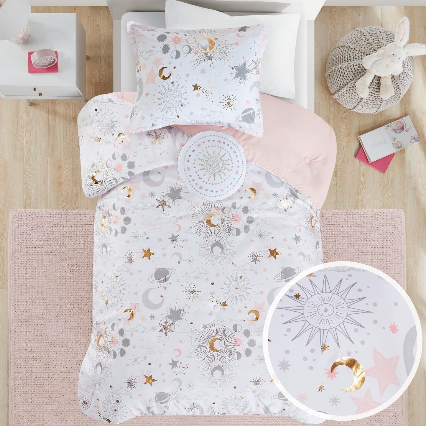 Mi Zone Kids Twin Comforter Set, Celestial Metallic Comforter Set Starry Sky, Moon & Sun Comforters, All Seasons Lightweight & Fluffy Comforter Bed Set, 1 Sham, Celia, Twin, Blush/Gold 3 Piece