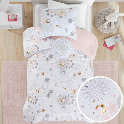 Mi Zone Kids Twin Comforter Set, Celestial Metallic Comforter Set Starry Sky, Moon & Sun Comforters, All Seasons Lightweight & Fluffy Comforter Bed Set, 1 Sham, Celia, Twin, Blush/Gold 3 Piece
