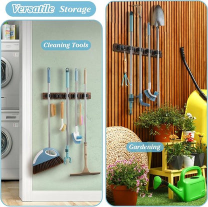Brown Broom Holder Wall Mount - Heavy Duty Wood Mop Organizer with 5 Slots & 4 Hooks | Rustic Storage Solution for Laundry Room, Kitchen, Garage