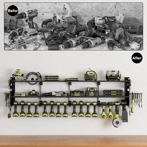 64" Power Tool Organizer - 16 Slots, 3-Tier Wall Mount Storage for Drills & Tools | Black