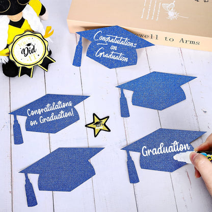 Whaline Graduation Cap Cutouts - Glitter Blue Confetti with 100 Glue Points | 50 Pcs, 5.7 Inch