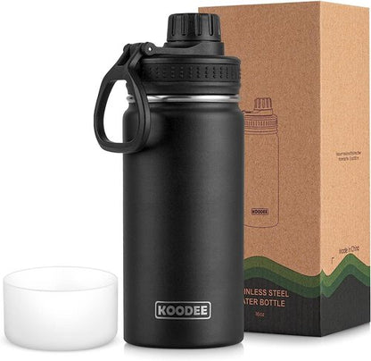 Koodee 16 Oz Stainless Steel Water Bottle - Double Wall Vacuum Insulated | Leakproof Spout Lid (Black)