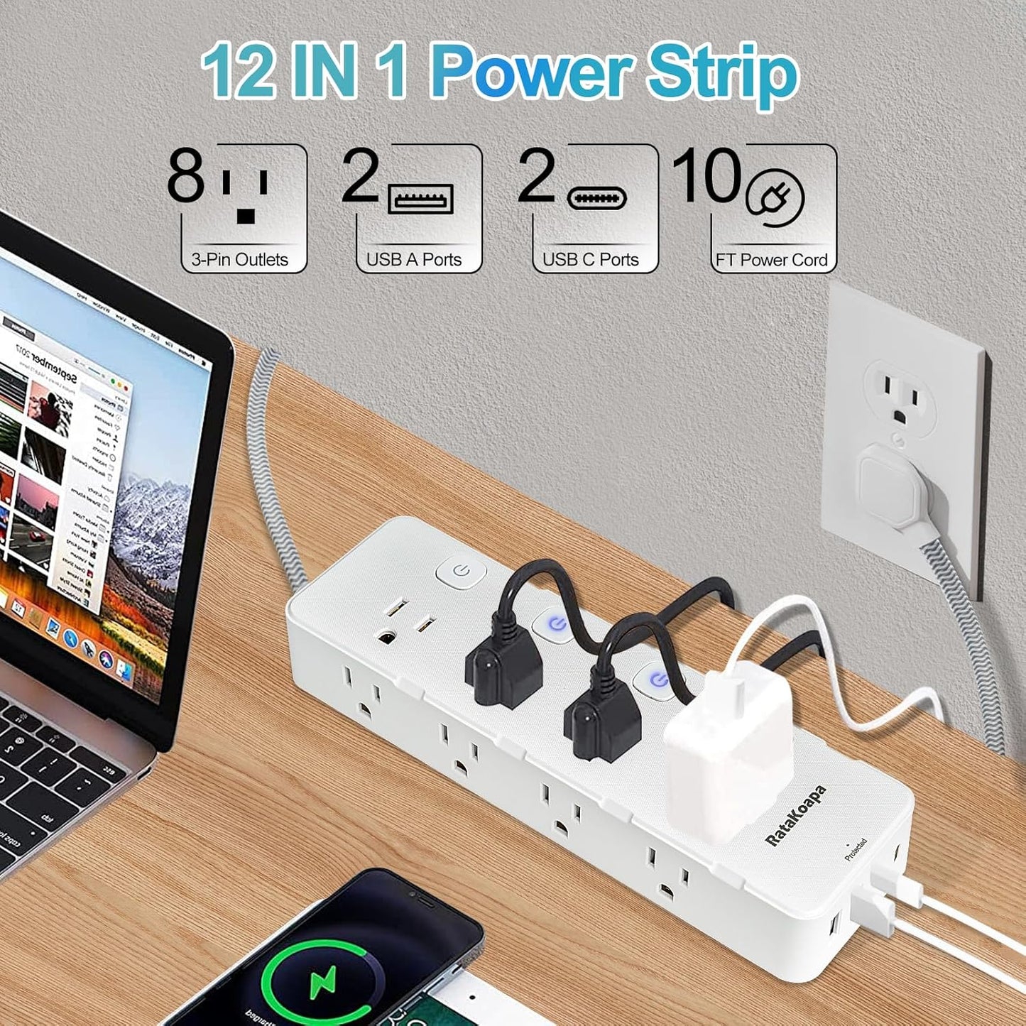 Skiennix 10 Ft Surge Protector Power Strip - 8 AC Outlets & 4 USB Ports | Flat Plug with Individual Switches for Home & Office