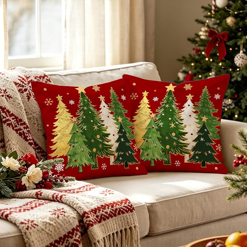 Pinata Xmas 18x18 Pillow Covers Set of 2 - Christmas Tree, Red Bird & Star Decor (Variation of THIS listing: Xmas 1818-2-tree Red+18" x 18")