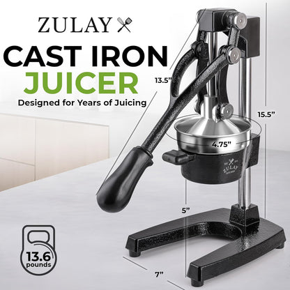 Zulay Kitchen Cast Iron Juicer - Heavy-Duty Manual Citrus Press for Easy Cleaning | Black