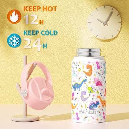 Fimibuke Kids Insulated Water Bottle - 14oz BPA-Free Double Wall Tumbler | Leak-Proof Metal Cups (2 Pack, Unicorn/White Dinosaur)