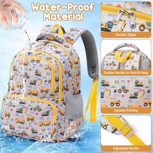 Fimibuke Kids Backpack Set - 3PCS Waterproof School Bag with Lunch Box & Pencil Case | Trucks, Ages 3-12
