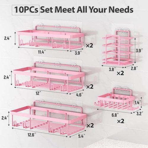 Liuoud Shower Caddy Organizer - 10 Pack Rustproof Stainless Steel Wall Storage Baskets | Pink