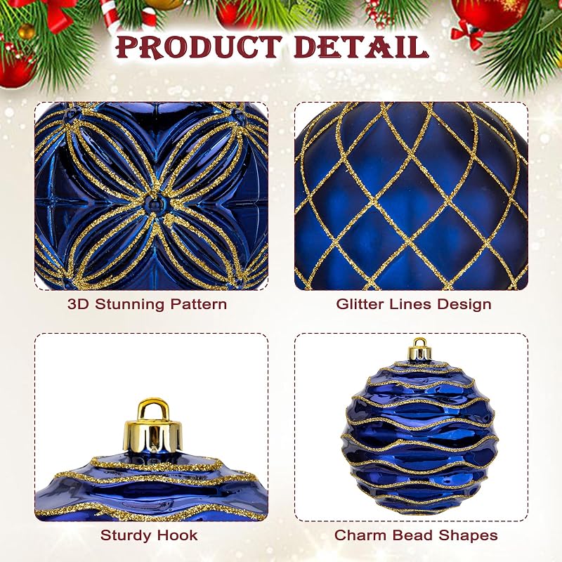 Navy Blue & Gold 4" Shatterproof Christmas Ornaments Set of 4