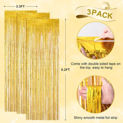 Voircoloria Laser Gold Foil Fringe Backdrop Curtains - 3 Pack Tinsel Streamers for Parties | 3.3 x 8.2 ft