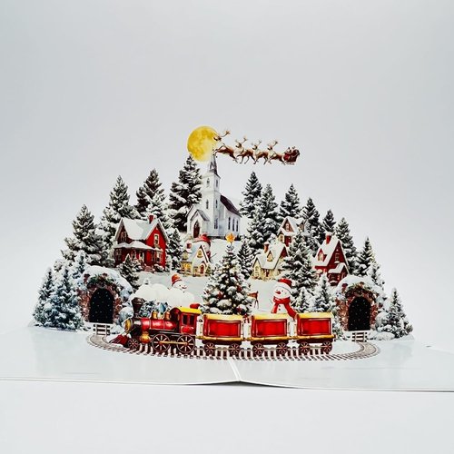 3D Pop Up Card - Winter Night Town Snowman Design | Handmade Holiday Greeting Card